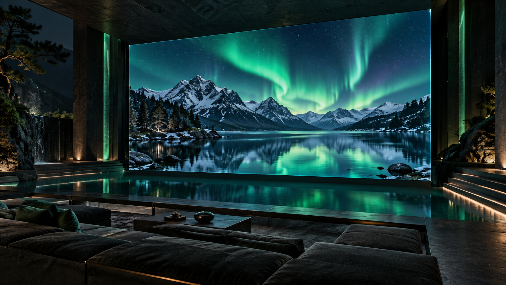 Ilustração de um cinema escuro com luz verde e uma tela flutuante mostrando um lago sob uma aurora